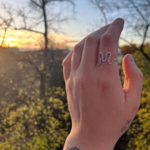 Nahaufnahme von geschwungenem Ring mit Zirkonia Besatz